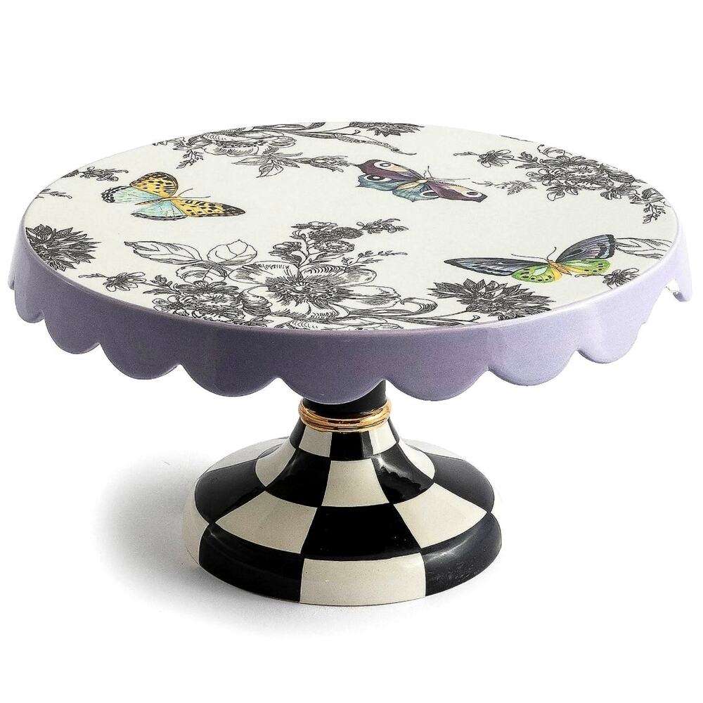 Brand New MacKenzie-Childs Butterfly Toile Small Pedestal Platter